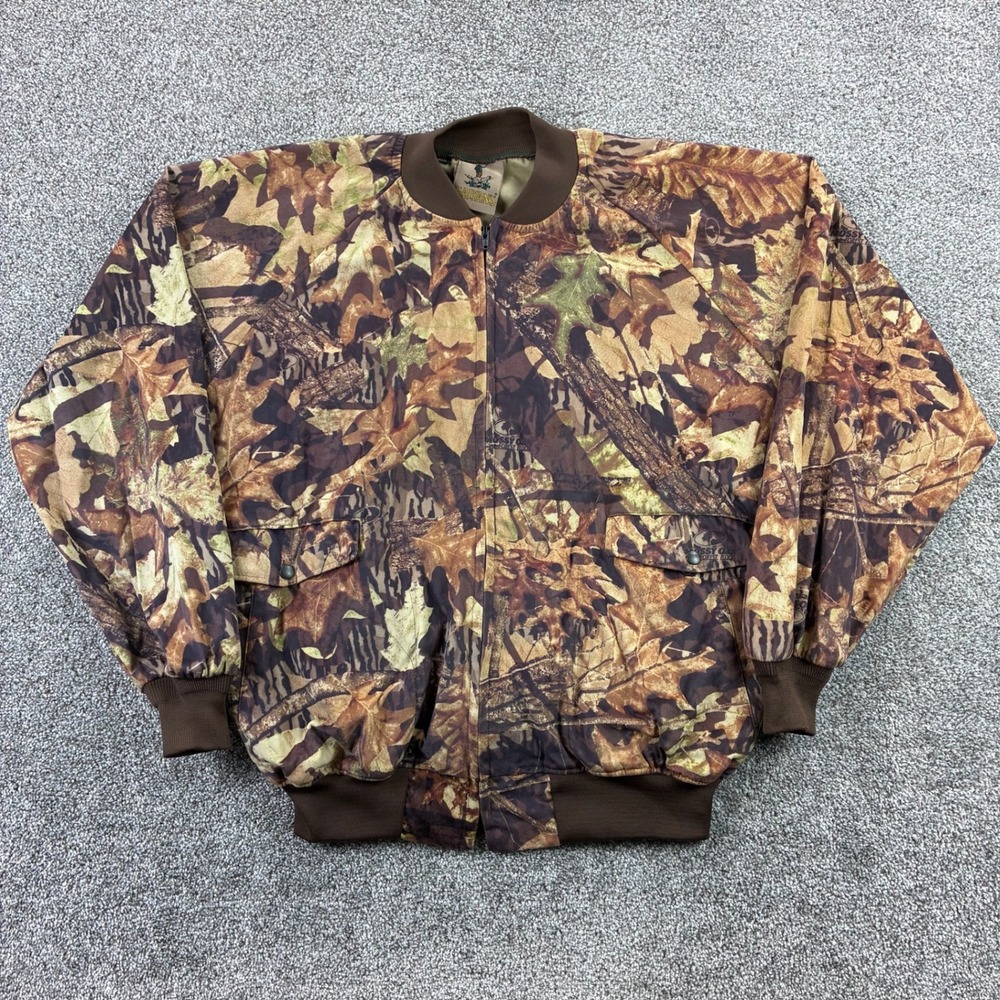Vintage Galyans Camo Bomber Jacket Mens 2XL Forest Floor Mossy Oak Full Zip